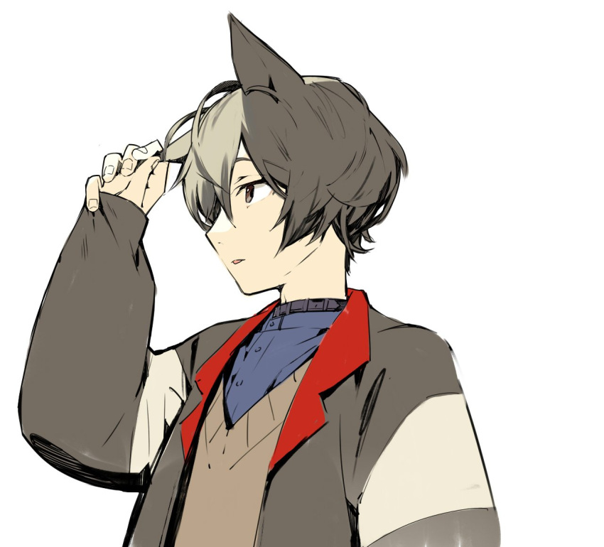 1boy animal_ears belt_collar blue_shirt brown_eyes commentary_request fingernails grey_hair grey_jacket jacket male_focus misoni_comi multicolored_hair open_clothes open_jacket original parted_lips shirt simple_background solo two-tone_hair upper_body vest white_background