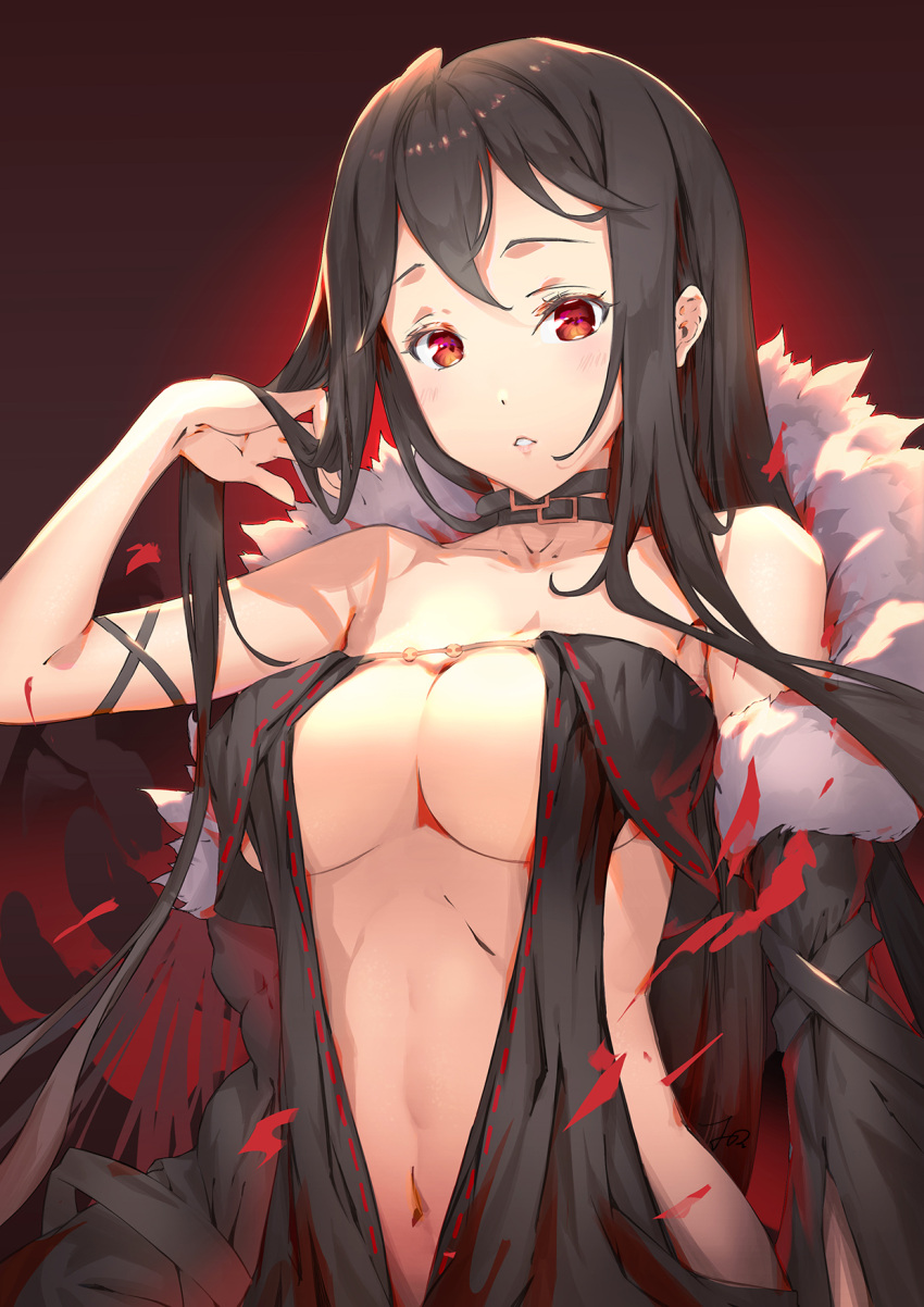 1girl adjusting_hair arm_up armlet bangs bare_shoulders blush breasts center_opening choker consort_yu_(fate) eyebrows_visible_through_hair fate/grand_order fate_(series) fur fur_collar fur_trim hair_between_eyes highres huanyan large_breasts long_hair looking_at_viewer navel off_shoulder parted_lips red_background red_eyes simple_background solo standing upper_body