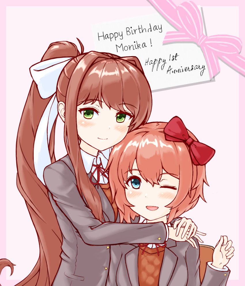 2girls ;d anniversary blue_eyes blush border bow brown_hair commentary doki_doki_literature_club english eyebrows_visible_through_hair green_eyes grey_jacket hair_between_eyes hair_bow hair_ribbon hand_up happy_birthday highres hug jacket long_hair looking_at_viewer monika_(doki_doki_literature_club) multiple_girls one_eye_closed open_mouth pink_border pink_hair ponytail red_bow ribbon sayori_(doki_doki_literature_club) school_uniform short_hair simple_background smile very_long_hair white_ribbon yoh_(poyo643)