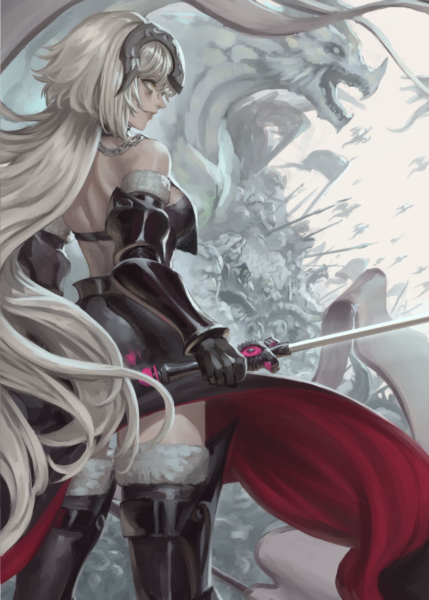 armor armored_dress back bangs breasts cape chains dragon fate/grand_order fate_(series) from_behind fur_trim gauntlets headpiece highres holding holding_sword holding_weapon jeanne_d'arc_(alter)_(fate) jeanne_d'arc_(fate)_(all) large_breasts long_hair open_mouth peperon_(peperou) short_hair sideboob silver_hair smile sword thigh-highs very_long_hair weapon yellow_eyes
