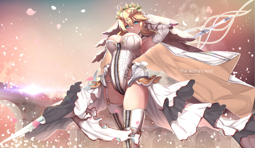 1girl ahoge armpits artoria_pendragon_(all) artoria_pendragon_(lancer) bangs belt blonde_hair blush bodysuit breasts bridal_veil bride chains cleavage commentary_request cosplay eyebrows_visible_through_hair fate/grand_order fate_(series) flower full-length_zipper garter_straps gloves green_eyes highres large_breasts leotard lock long_hair looking_at_viewer medium_breasts nero_claudius_(bride)_(fate) nero_claudius_(bride)_(fate)_(cosplay) nero_claudius_(fate)_(all) open_clothes open_skirt outdoors padlock petals polearm single_thighhigh skindentation skirt smile solo spear thigh-highs untsue veil weapon white_footwear white_gloves white_legwear white_skirt wind wind_lift wreath zipper zipper_footwear