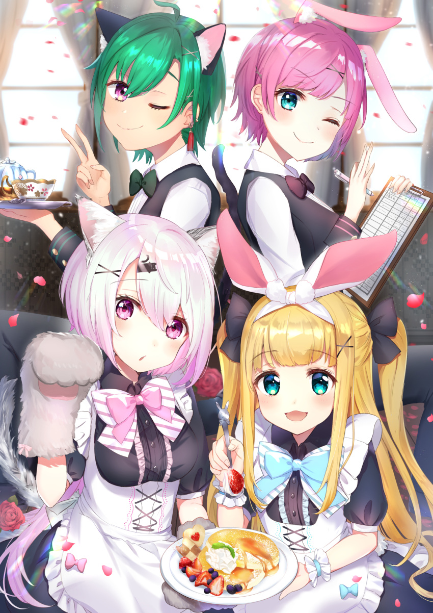 1other 3girls :d ;d ahoge alternate_costume animal_ear_fluff animal_ears apron aqua_eyes bangs black_bow black_dress black_vest blonde_hair blue_bow blue_eyes blurry blurry_background blush bow bowtie checkerboard_cookie closed_mouth collared_shirt commentary_request cookie cup curtains day depth_of_field diagonal_stripes dress enmaided eyebrows_visible_through_hair feeding flower food frilled_apron frills fruit gloves green_eyes green_neckwear hair_between_eyes hair_bow hair_ornament hairclip hand_up highres holding holding_pencil holding_plate holding_spoon holding_tray indoors long_hair looking_at_viewer maid maid_apron maid_headdress mechanical_pencil mononobe_alice multiple_girls nijisanji omelet_tomato one_eye_closed open_mouth paw_gloves paws pencil petals pink_bow pink_eyes pink_hair plate puffy_short_sleeves puffy_sleeves rabbit_ears red_flower red_rose rose ryuushen shiina_yuika shirt short_sleeves smile spoon strawberry striped striped_bow sunlight tail_raised teacup transparent tray two_side_up v very_long_hair vest violet_eyes virtual_youtuber white_apron white_bow white_shirt window x_hair_ornament yuuhi_riri