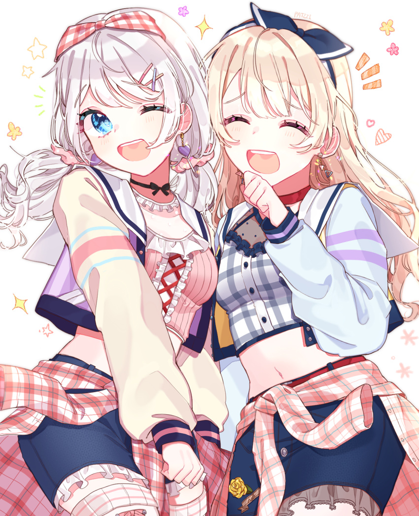 2girls ;d ^_^ alternate_hairstyle artist_name bang_dream! bangs belt black_choker blonde_hair blue_eyes center_frills choker clenched_hand closed_eyes closed_eyes clothes_around_waist earrings flower hair_ornament hair_ribbon hair_scrunchie hairpin heart heart_earrings highres jewelry long_hair long_sleeves midriff multiple_girls navel notice_lines one_eye_closed open_mouth patzzi pink_scrunchie pink_shirt plaid plaid_shirt polka_dot polka_dot_scrunchie red_choker ribbon rose sailor_collar scrunchie shirasagi_chisato shirt shirt_around_waist short_shorts shorts smile sparkle star thigh_strap twintails wakamiya_eve white_hair x_hair_ornament yellow_flower yellow_rose