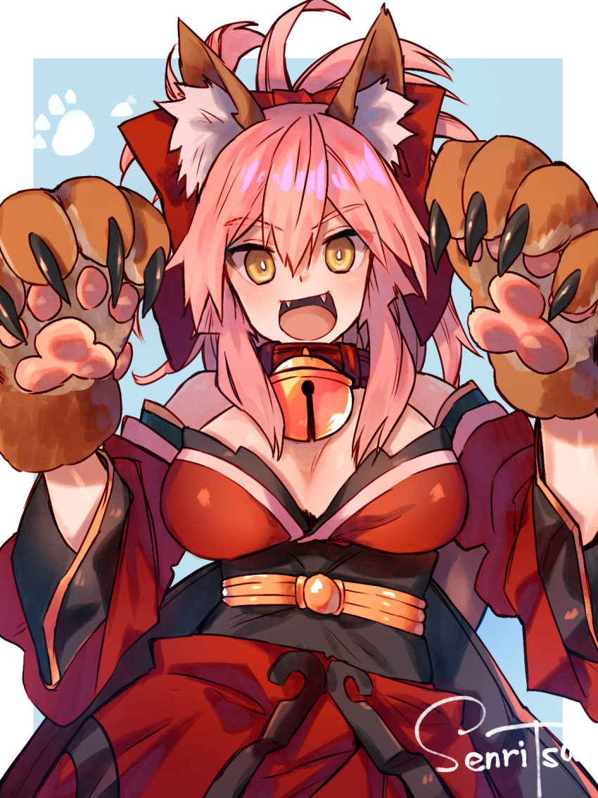 1girl animal_ear_fluff animal_ears bell bell_collar breasts cat_hair_ornament cat_paws cleavage collar eyebrows_visible_through_hair fangs fate/extra fate/grand_order fate_(series) fox_ears fox_tail gloves hair_ornament hair_ribbon highres japanese_clothes jingle_bell kimono kneesocks_senritsu large_breasts long_hair looking_at_viewer open_mouth paw_gloves paws pink_hair ponytail red_kimono red_ribbon ribbon solo tail tamamo_(fate)_(all) tamamo_cat_(fate)