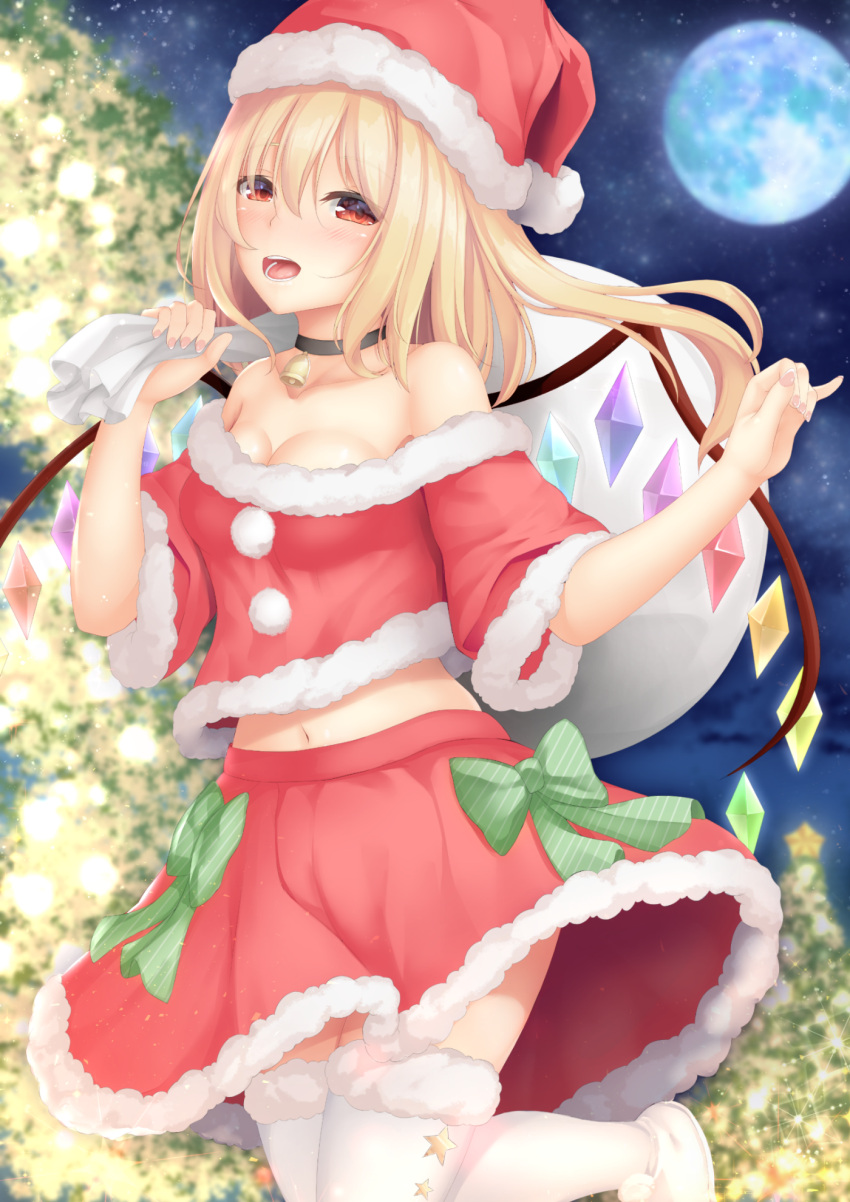 1girl alternate_costume alternate_headwear arm_up bag bangs bare_shoulders black_choker blonde_hair blurry bow breasts carrying_over_shoulder choker christmas christmas_tree cleavage clouds collarbone cowboy_shot crop_top depth_of_field eyebrows_visible_through_hair flandre_scarlet full_moon fur-trimmed_legwear fur-trimmed_skirt fur_trim hair_between_eyes hat highres holding holding_bag looking_at_viewer medium_breasts midriff moon navel neck_bell night night_sky off_shoulder open_mouth outdoors pinky_out red_eyes santa_costume santa_hat short_hair short_sleeves side_ponytail sky solo sonia_(fetusdream) standing standing_on_one_leg star_(sky) starry_sky striped striped_bow thigh-highs touhou white_footwear white_legwear wings