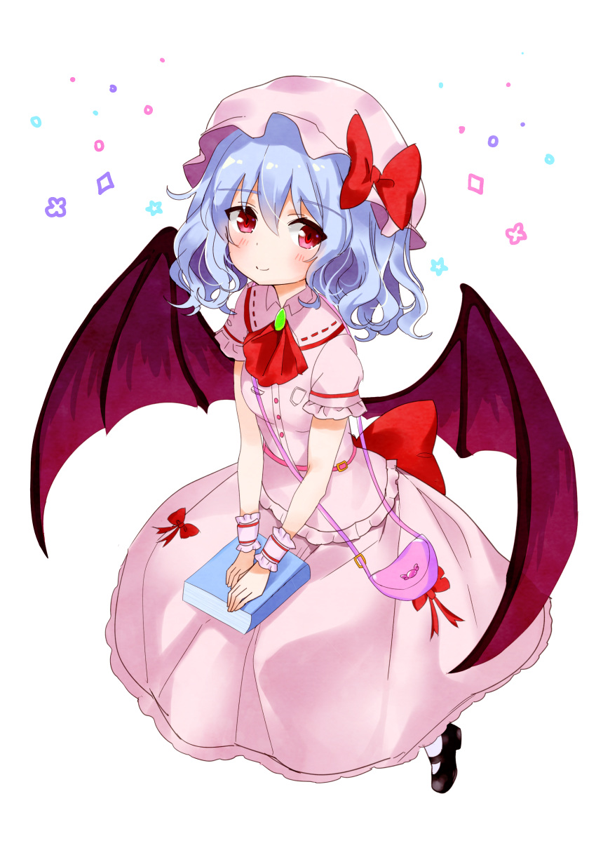 1girl absurdres bag bat_wings black_footwear blue_hair blush book bow commentary dress dress_bow english_commentary eyebrows_visible_through_hair full_body handbag hat hat_bow highres looking_at_viewer pink_dress purple_handbag red_bow red_eyes red_neckwear remilia_scarlet satori_(pixiv) shoes short_hair simple_background smile solo touhou white_background wings wrist_cuffs