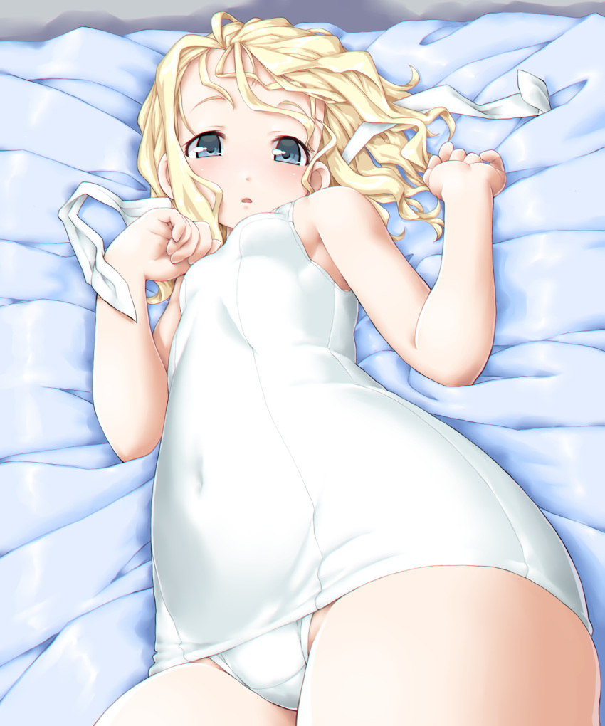 1girl bed_sheet blonde_hair blush breasts covered_navel dd_(ijigendd) green_eyes hairband highres kantai_collection looking_at_viewer luigi_torelli_(kantai_collection) lying one-piece_swimsuit open_mouth ribbon school_swimsuit short_hair small_breasts solo swimsuit white_hairband white_school_swimsuit white_swimsuit