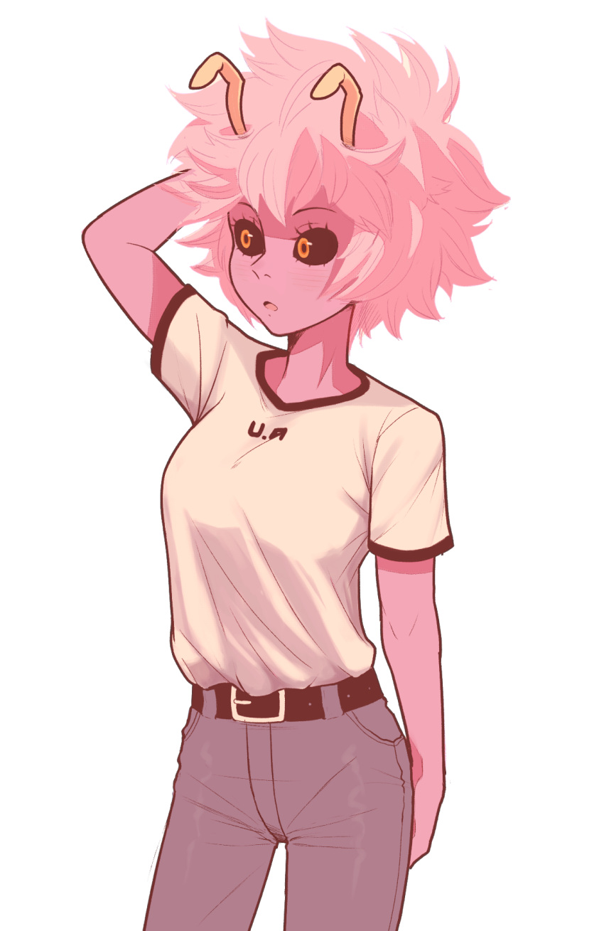 1girl ashido_mina belt black_sclera boku_no_hero_academia clothes_writing denim hand_behind_head highres horns jeans open_mouth pants pink_hair pink_skin sally_(luna-arts) shirt short_hair simple_background solo t-shirt white_background white_shirt yellow_eyes