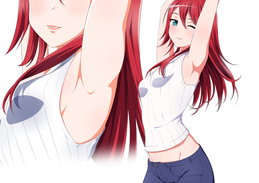 10s 1girl aqua_eyes armpits arms_up bang_dream! blush breasts close-up denim groin hair_between_eyes head_out_of_frame highres jeans long_hair looking_at_viewer multiple_views one_eye_closed pants parted_lips redhead ribbed_sweater sakamata simple_background sleeveless small_breasts smile sweater udagawa_tomoe white_background white_sweater wink