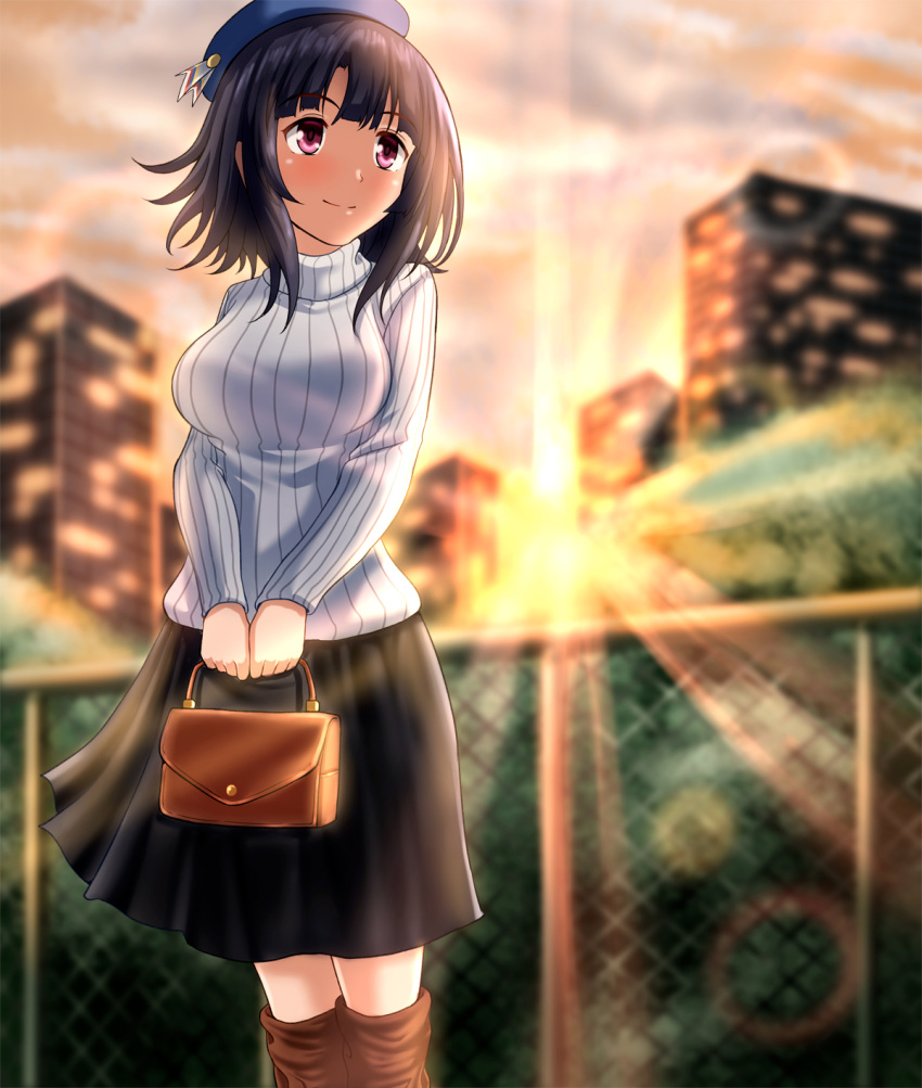 1girl alternate_costume bag beret black_hair black_skirt blush breasts closed_mouth grey_sweater hat highres kantai_collection large_breasts looking_at_viewer medium_skirt military military_uniform short_hair skirt smile solo standing sunlight sunset sweater takao_(kantai_collection) tree uniform violet_eyes zanntetu