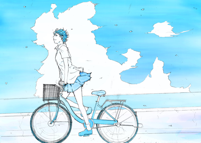 1girl bicycle bicycle_basket blue blue_bicycle blue_footwear blue_sky closed_mouth clouds collared_shirt commentary_request from_side ground_vehicle highres monochrome ocean original pleated_skirt shirt shoes short_hair short_sleeves skirt sky smile solo white_shirt wing_collar yokotakumi