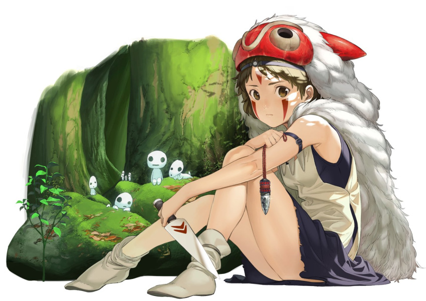 brown_eyes brown_hair facepaint forest fur jewelry knife kodama mask mononoke_hime moss nature necklace nishida_kiri san short_hair skirt spirit studio_ghibli