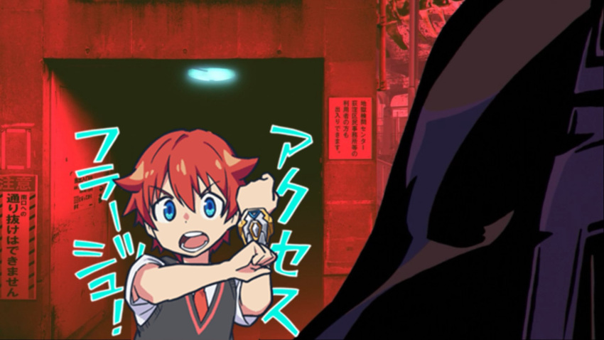 1boy acceptor bangs blue_eyes collared_shirt crossed_arms crossover eyebrows_visible_through_hair hand_up hibiki_yuuta highres inferno_cop looking_at_viewer male_focus necktie parody red_neckwear redhead school_uniform shirt short_sleeves solo ssss.gridman translation_request trigger_support waistcoat white_shirt wing_collar