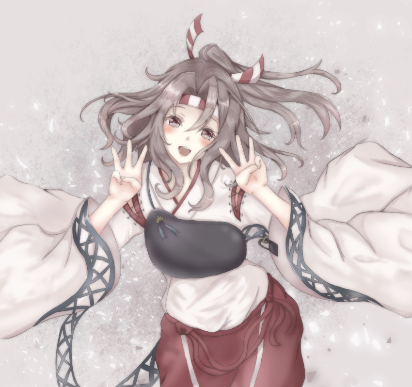 1girl :d brown_eyes grey_hair hachimaki head_tilt headband high_ponytail highres japanese_clothes kantai_collection long_hair muneate open_mouth ponytail sa-ya2 smile solo striped_headband traditional_media w zuihou_(kantai_collection)