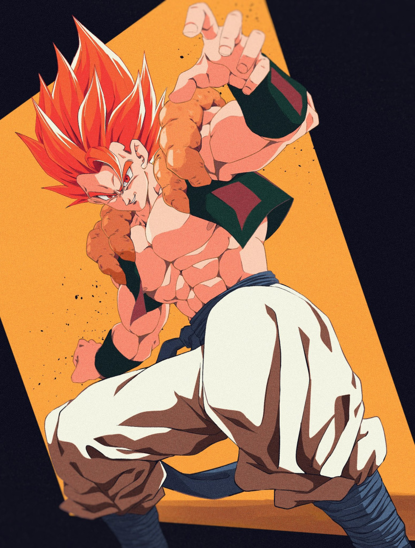 1boy abs baggy_pants biceps black_background blue_sash bracer bure_(fantasticyouth7) collarbone commentary_request dragon_ball dragon_ball_super feet_out_of_frame gogeta hair_between_eyes highres looking_at_viewer male_focus metamoran_vest muscular muscular_male open_clothes open_vest orange_background pants parted_lips pectorals red_eyes redhead sash simple_background smile smirk solo spiky_hair standing super_saiyan super_saiyan_god two-tone_background v-shaped_eyebrows vest white_pants
