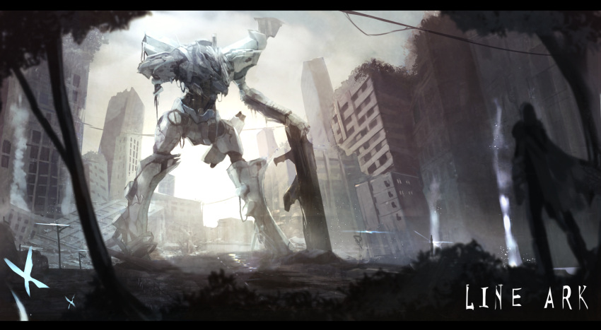 1boy armored_core black_cape bug building butterfly cape city cityscape commentary_request dark_souls from_behind glowing_butterfly grey_sky gun highres hood hood_up hooded_cape huge_weapon insect kneeling lake leaning_on_weapon light_rays mecha missing_limb mono_(jdaj) outdoors overgrown rifle ruins scenery souls_(from_software) tree water waterfall weapon white_glint