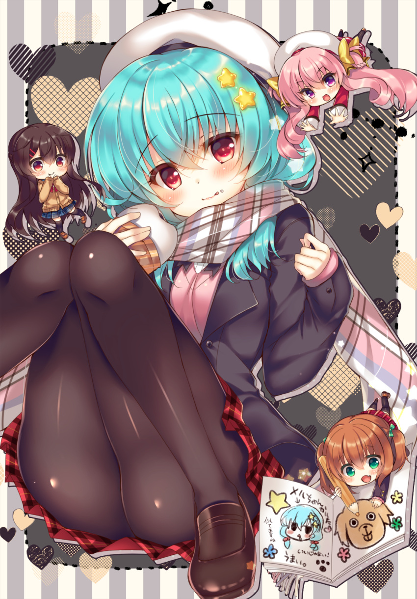 4girls :d aoki_kaede aqua_hair ass bangs baozi beret black_jacket black_legwear blazer blue_skirt blush book bow brown_cardigan brown_footwear brown_hair brown_legwear cardigan chibi colored_pencil commentary_request eyebrows_visible_through_hair food fringe_trim green_eyes hair_between_eyes hair_bow hair_ornament hairclip hat heart highres holding holding_food holding_pencil jacket lilia_chocolanne loafers long_sleeves minigirl multiple_girls open_blazer open_book open_clothes open_jacket open_mouth original pantyhose pencil pink_hair pink_sweater plaid plaid_scarf plaid_skirt pleated_skirt red_eyes red_jacket red_skirt scarf school_uniform shoes skirt sleeves_past_wrists smile star star_hair_ornament striped striped_background suzune_rena sweater thigh-highs twintails vertical-striped_background vertical_stripes violet_eyes white_hat yellow_bow