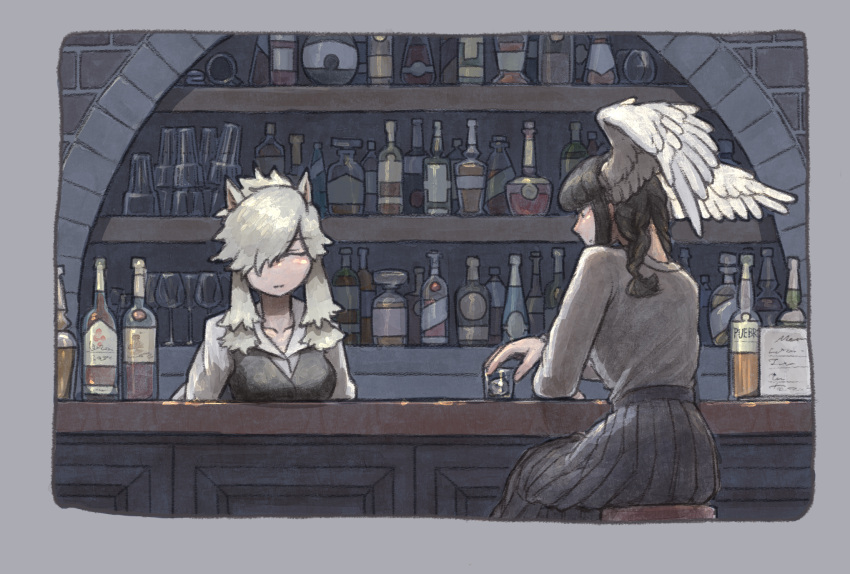 2girls alcohol alpaca_ears alpaca_suri_(kemono_friends) animal_ears bar black-headed_ibis_(kemono_friends) black_hair black_skirt blonde_hair border bottle braid closed_eyes commentary cup drinking_glass english_commentary grey_border grey_shirt hair_over_one_eye head_wings highres kemono_friends long_sleeves multiple_girls pleated_skirt pueblo shirt sitting skirt twin_braids