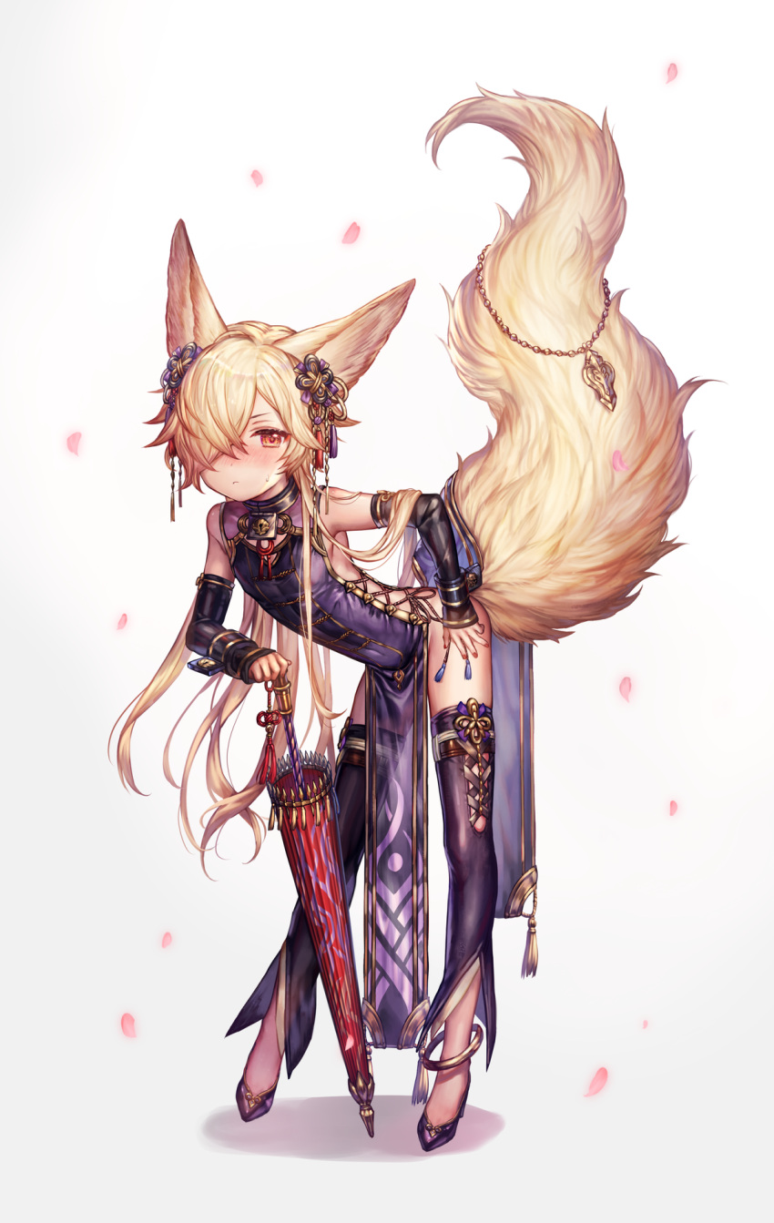 1boy animal_ears anklet backless_outfit bangs bending_forward blonde_hair blush closed_mouth collar commentary_request covered_navel cross-laced_clothes crossdressinging detached_sleeves dress embarrassed erune fox_ears fox_tail full_body granblue_fantasy hair_ornament high_heels highres holding holding_umbrella jewelry kou_(granblue_fantasy) large_tail leaning_on_object long_hair looking_at_viewer nail_polish no_panties one_eye_covered pelvic_curtain purple_dress purple_footwear purple_sleeves see-through shigaraki_(strobe_blue) solo standing sweatdrop tail tail_raised thigh-highs umbrella wrist_cuffs yellow_eyes