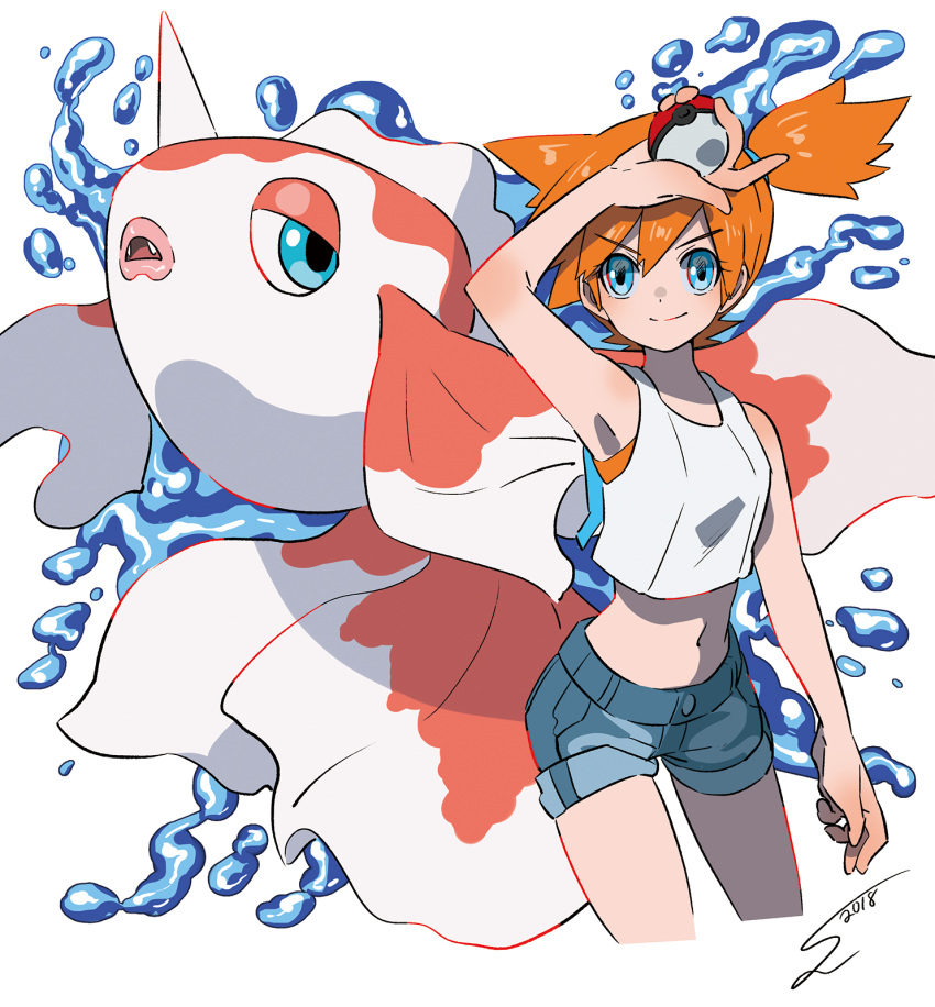 1girl blue_eyes blush creatures_(company) cropped_legs eyebrows_visible_through_hair game_freak gen_1_pokemon goldeen gym_leader highres holding holding_poke_ball kasumi_(pokemon) midriff navel nintendo orange_hair poke_ball pokemon pokemon_(creature) pokemon_(game) pokemon_lgpe short_hair shorts side_ponytail signature smile solo sumomo tank_top water