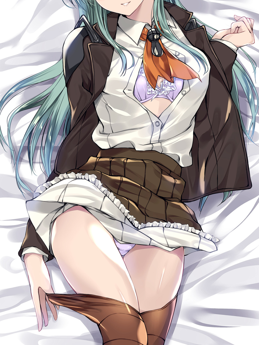 1girl aqua_hair ascot bed_sheet blazer bow bow_bra bra breasts brown_jacket brown_legwear brown_skirt collared_shirt commentary_request frilled_skirt frills grin hand_up head_out_of_frame highres jacket kantai_collection kobayashi_chisato large_breasts long_hair long_sleeves lying miniskirt on_back open_clothes open_jacket orange_neckwear panties parted_lips partially_unbuttoned pleated_skirt purple_bra purple_panties school_uniform shiny shiny_hair shirt shirt_tucked_in sidelocks skirt skirt_lift smile solo suzuya_(kantai_collection) teeth thigh-highs thighs undershirt underwear white_shirt wing_collar