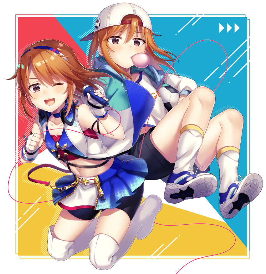 2girls ;d absurdres backwards_hat ball bangs bare_shoulders bike_shorts black_shorts blue_choker blue_skirt blush boots brown_eyes brown_hair bubble_blowing chains chewing_gum choker clothes_writing collarbone commentary_request crop_top dual_persona hair_between_eyes hairband hat highres holding holding_microphone ichiren_namiro idolmaster idolmaster_cinderella_girls jacket knees_up legs_up long_hair long_sleeves looking_at_viewer microphone midriff miniskirt multiple_girls navel one_eye_closed open_clothes open_jacket open_mouth peaked_cap pleated_skirt red_shirt shiny shiny_hair shirt shoes short_shorts shorts shorts_under_skirt sidelocks skirt sleeveless sleeveless_jacket sleeveless_shirt smile sneakers soccer_ball socks stomach thigh-highs thigh_boots upper_teeth white_footwear white_jacket white_legwear white_shirt wing_collar wire yuuki_haru