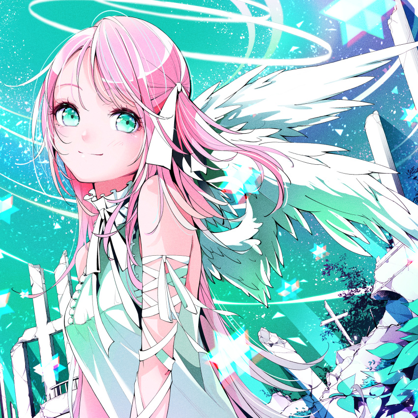 1girl absurdres angel angel_wings bare_shoulders blue_eyes dress hair_ornament hair_ribbon highres kae610_oekaki lace long_hair looking_at_viewer original pale_skin pink_hair ribbon sleeveless sleeveless_dress smile solo star_(symbol) wings