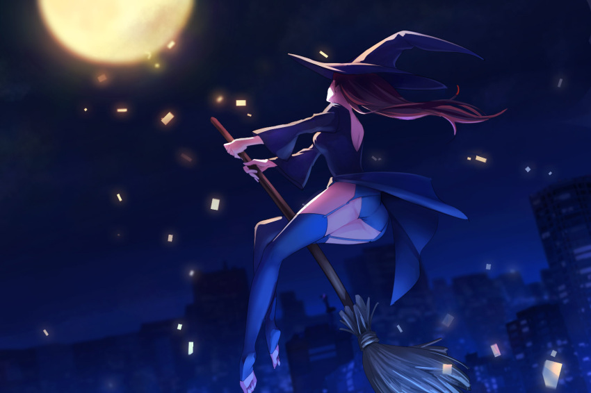 1girl ass black_dress blue_hat blue_legwear blue_panties broom broom_riding brown_hair chocofox dress floating_hair from_behind full_moon garter_straps hat highres long_hair moon night original outdoors panties solo thigh-highs toeless_thighhighs underwear very_long_hair witch witch_hat