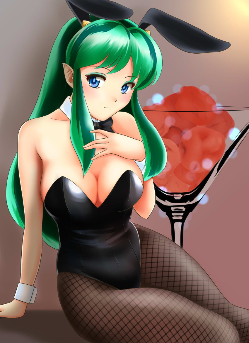 1girl absurdres animal_ears arm_support black_legwear black_leotard black_neckwear blue_eyes bow bowtie breasts bunny_girl bunnysuit cleavage cowboy_shot cup detached_collar drinking_glass fishnet_pantyhose fishnets gradient gradient_background green_hair grey_background highres horns leotard long_hair looking_at_viewer lum medium_breasts nanao_futaba oni_horns pantyhose pointy_ears rabbit_ears sitting smile solo strapless strapless_leotard urusei_yatsura wine_glass wrist_cuffs