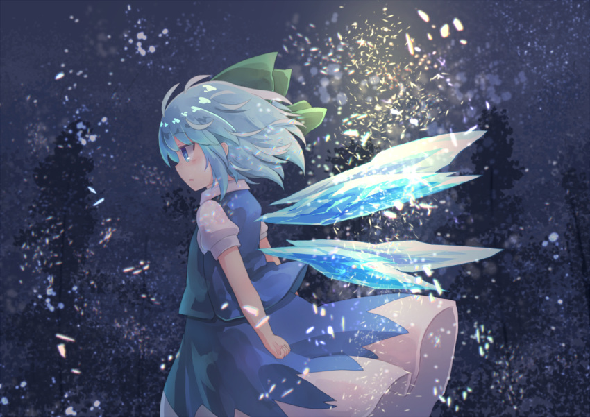 1girl arms_at_sides bangs blue_eyes blue_hair blue_skirt blue_vest blush bow cirno commentary_request eyebrows_visible_through_hair green_bow hair_between_eyes hair_bow ice ice_wings kibisake looking_away parted_lips profile puffy_short_sleeves puffy_sleeves shirt short_sleeves skirt solo touhou tree vest white_shirt wings