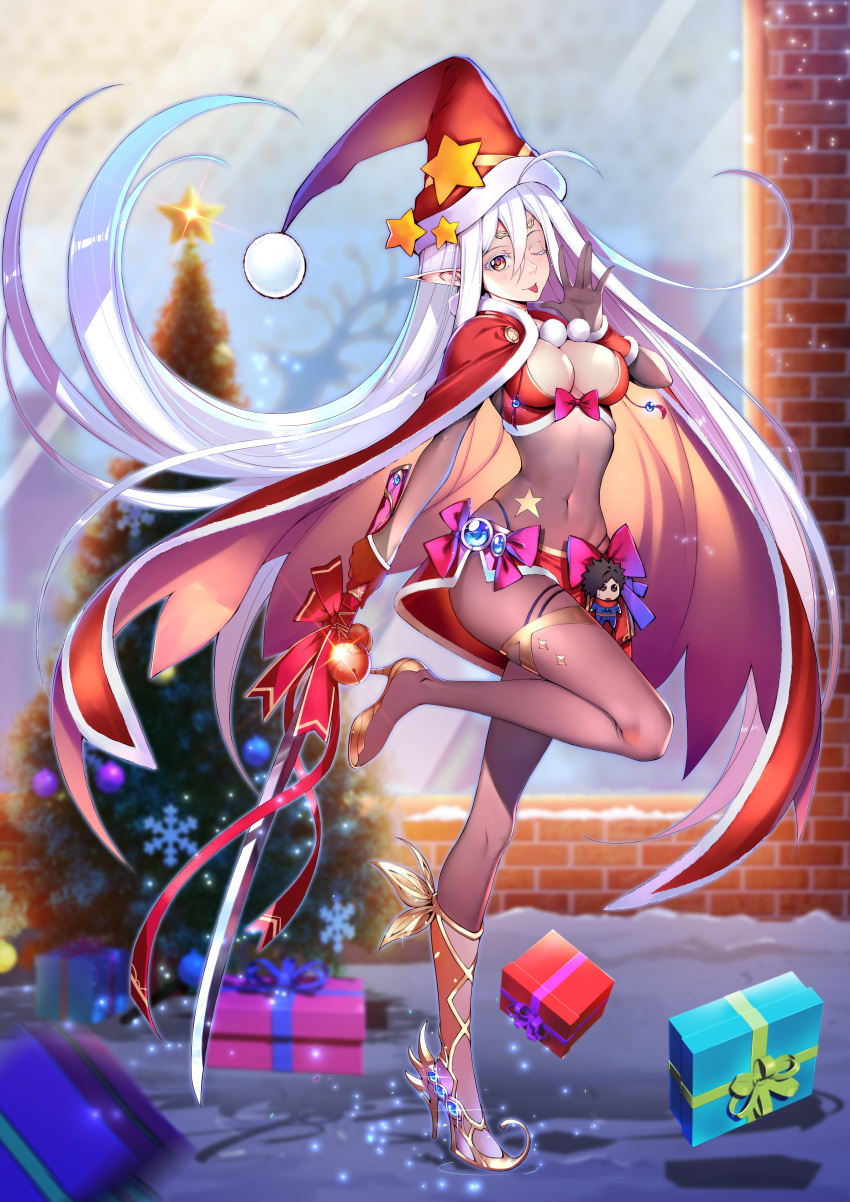 ;p absurdres bell bikini bow box breasts cape christmas_tree cleavage doll gift gift_box hat high_heels highleg highres holding holding_weapon ice_dragon_(artist) langrisser long_hair looking_at_viewer navel one_eye_closed pointy_ears ribbon santa_hat see-through smile snow solo star swimsuit tongue tongue_out very_long_hair weapon white_hair yellow_eyes