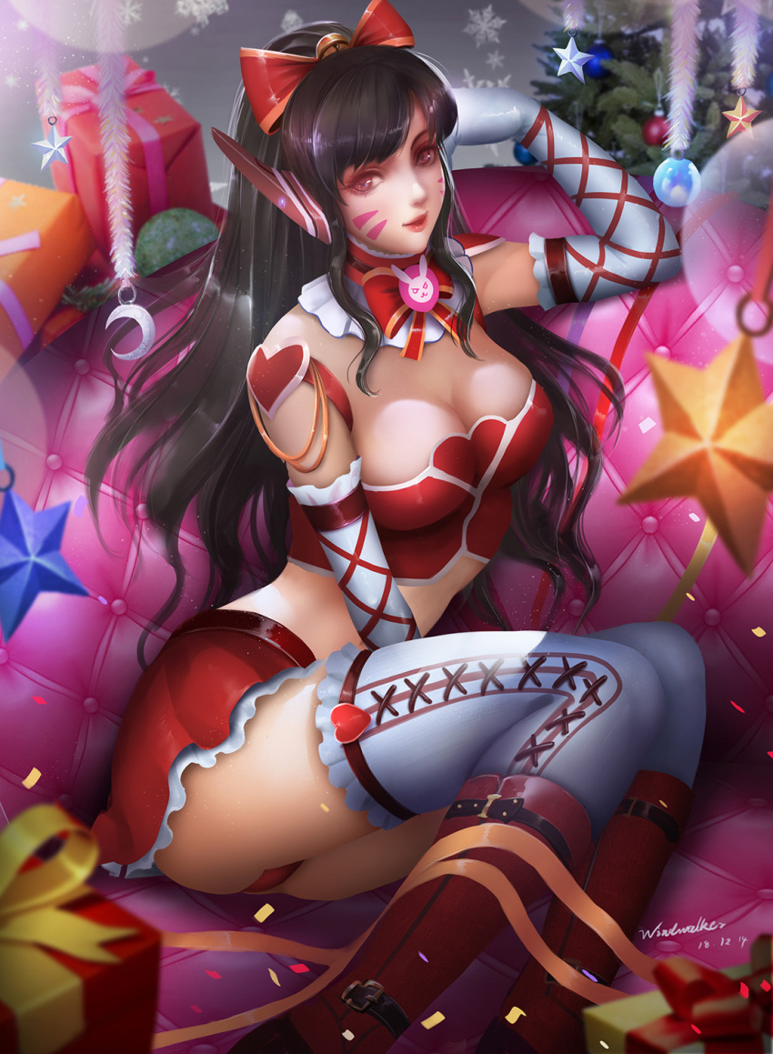 1girl artist_name ass bangs bell black_hair blunt_bangs boots bow box breasts brown_eyes bustier choker christmas christmas_tree cleavage couch d.va_(overwatch) dated elbow_gloves facepaint frilled_legwear gift gift_box gloves hair_bell hair_bow hair_ornament heart highres jingle_bell kaze_no_gyouja lips long_hair looking_at_viewer medium_breasts microskirt midriff overwatch panties pantyshot pantyshot_(sitting) parted_lips petticoat ponytail red_bow red_footwear red_panties red_skirt robot_ears sitting skirt smile snowflakes solo star strapless swept_bangs thigh-highs underwear whisker_markings white_gloves white_legwear yokozuwari