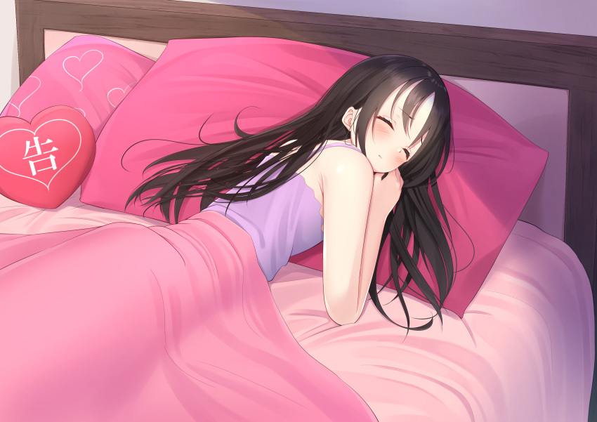 1girl absurdres alternate_hairstyle babydoll bangs bed bed_sheet blush closed_eyes commentary_request heart heart_pillow highres kaguya-sama_wa_kokurasetai_~tensai-tachi_no_renai_zunousen~ long_hair lying nari_(narikashi) on_bed pajamas pillow pink_pillow shinomiya_kaguya sleeping solo under_covers