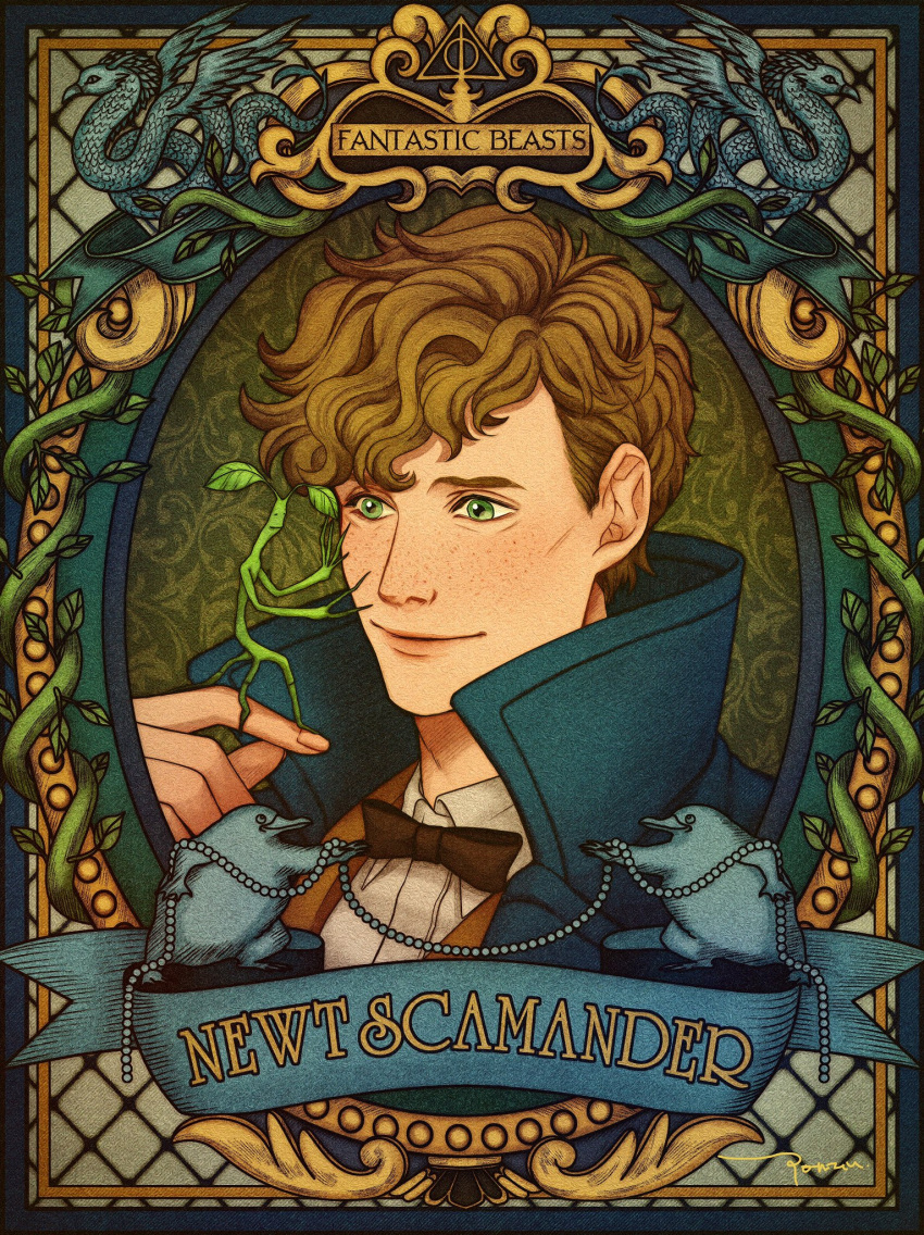 1boy artist_name bow bowtie bowtruckle brown_hair character_name closed_eyes copyright_name fantastic_beasts_and_where_to_find_them freckles green_eyes highres leaf male_focus newt_scamander niffler occamy ponsu_(ponzuxponzu) scar solo wings