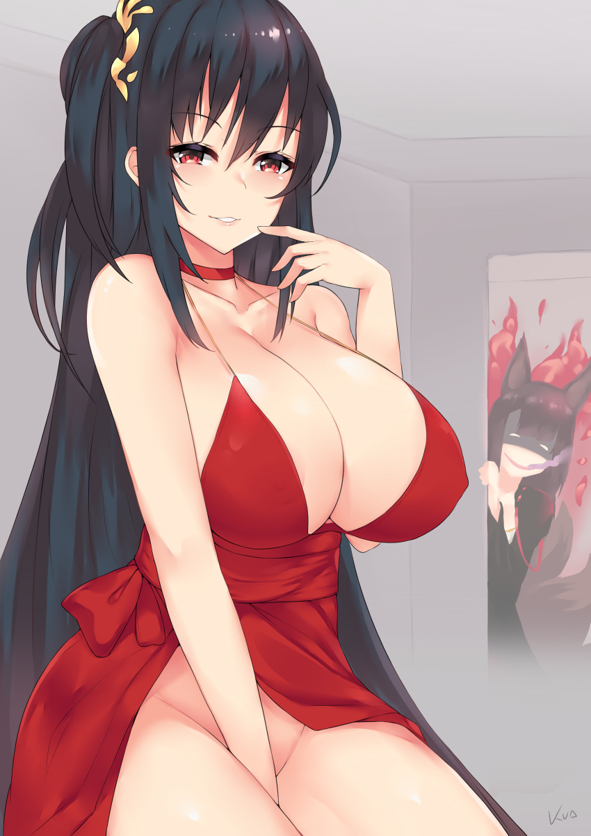 2girls absurdres akagi_(azur_lane) animal_ears azur_lane bangs bare_shoulders between_legs black_hair blush bottomless breasts choker cleavage cocktail_dress collarbone door dress eyebrows_visible_through_hair fox_ears hair_between_eyes hair_ornament hand_between_legs hand_to_own_mouth highres huge_breasts kuavera large_breasts long_hair looking_at_viewer multiple_girls no_panties obi one_side_up open_mouth paid_reward parted_lips patreon_reward peeking_out red_choker red_dress red_eyes sash shaded_face shiny shiny_skin sidelocks smile standing taihou_(azur_lane) tied_hair very_long_hair