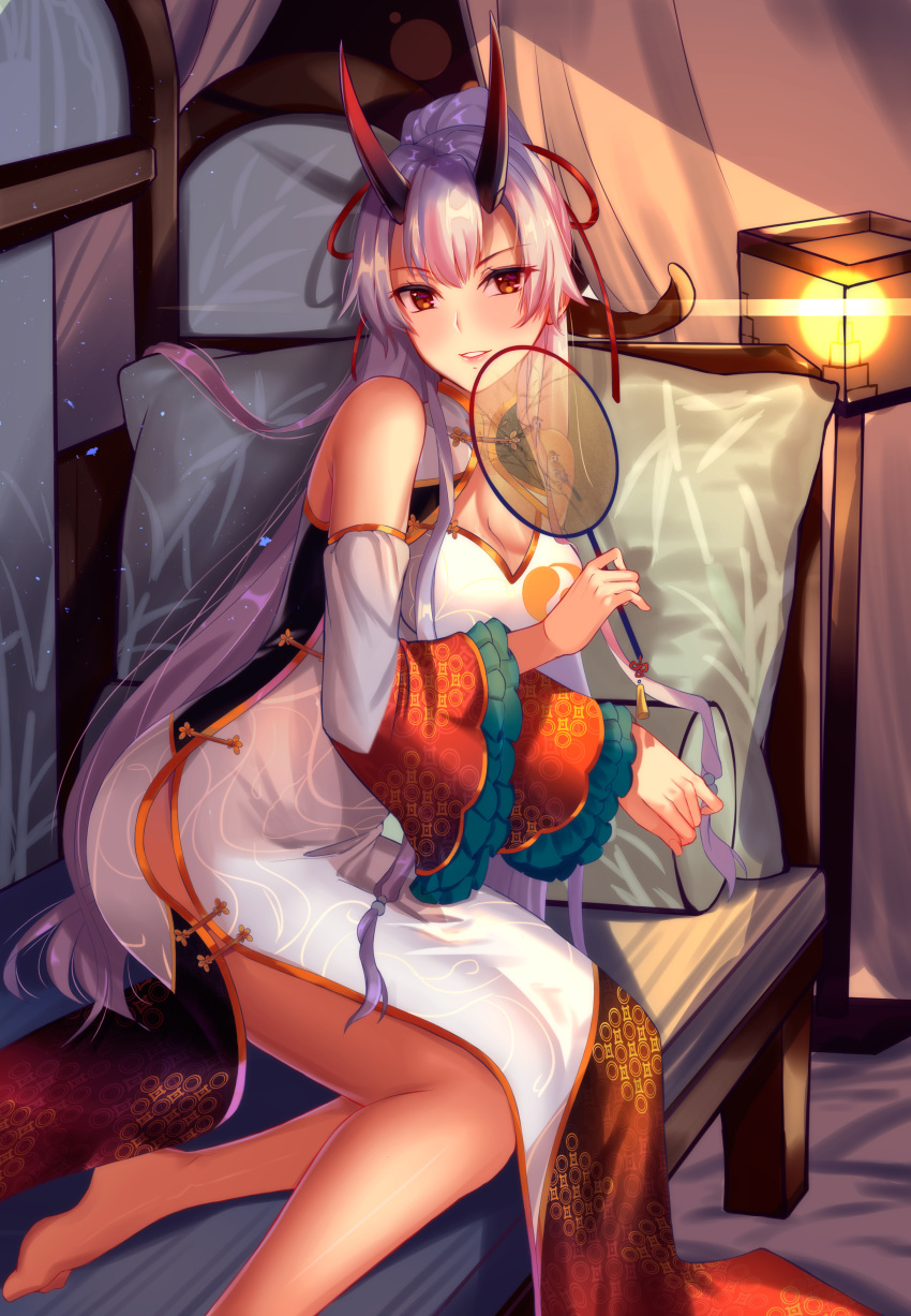 1girl absurdres barefoot breasts chair cleavage cleavage_cutout commentary_request detached_sleeves fan fate/grand_order fate_(series) frilled_sleeves frills hair_ribbon heroic_spirit_traveling_outfit highres lantern light_blush light_smile long_hair medium_breasts mitsudomoe_(shape) oni_horns ponytail red_eyes red_horns red_ribbon ribbon side_slit sidelocks silver_hair sitting solo tomoe_(symbol) tomoe_gozen_(fate/grand_order) very_long_hair wide_sleeves xue_fengzi