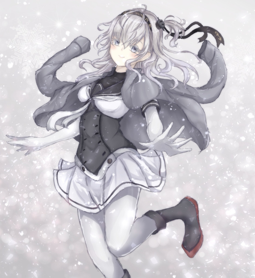 1girl anchor_symbol black_headband black_sailor_collar bodysuit closed_mouth clothes_writing corset gloves grey_eyes grey_jacket hachimaki hair_between_eyes headband highres jacket kantai_collection leg_up long_hair looking_at_viewer miniskirt one_side_up sa-ya2 sailor_collar silver_hair skirt smile solo suzutsuki_(kantai_collection) traditional_media white_bodysuit white_gloves white_neckwear white_skirt