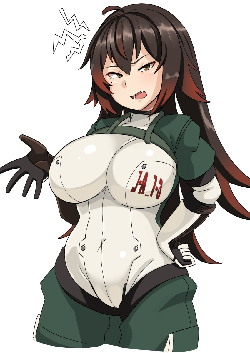 a7m_reppuu absurdres bodysuit breasts brown_eyes eyebrows_visible_through_hair fang hair_between_eyes highres large_breasts long_hair mecha_musume multicolored_hair open_mouth original personification ryuun_(stiil) simple_background two-tone_hair white_background