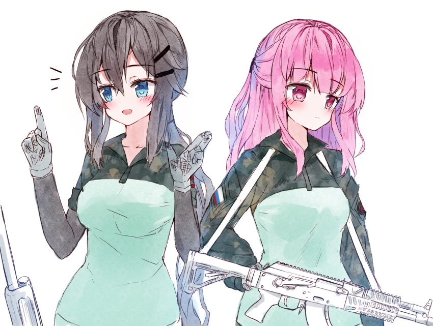 2girls :d absurdres ak-47 assault_rifle bangs blue_eyes blush breasts brown_hair camouflage_jacket closed_mouth collarbone commentary_request eyebrows_visible_through_hair gloves green_jacket grey_gloves gun hair_between_eyes hair_ornament hairclip hands_up highres index_finger_raised jacket long_sleeves looking_away looking_to_the_side multiple_girls notice_lines open_mouth original pink_hair red_eyes rifle short_sleeves simple_background small_breasts smile tandohark upper_body weapon white_background