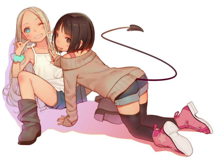 2girls :p ;) all_fours black_hair blonde_hair blue_eyes blue_shorts blush boots brown_eyes brown_footwear brown_sweater child clenched_teeth demon_tail eyebrows_visible_through_hair green_scrunchie kagamine-ikka kneeling long_hair looking_at_viewer multiple_girls one_eye_closed original pink_footwear scrunchie shirt shoes short_hair shorts simple_background sitting smile spread_legs sweater tail teeth tiny_evil tongue tongue_out v white_background white_shirt wrist_scrunchie