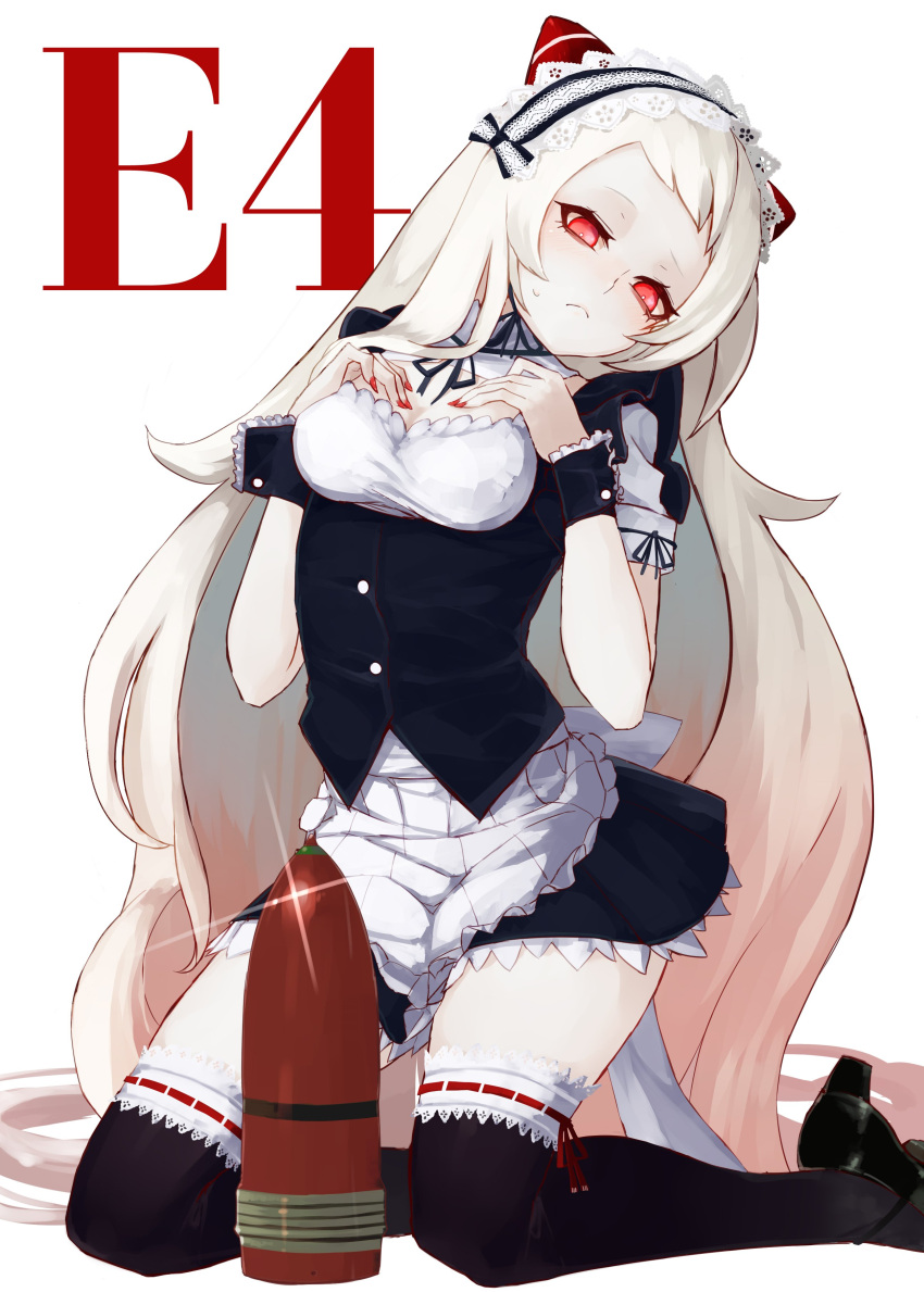 1girl absurdres airfield_hime alternate_costume ammunition apron black_footwear black_legwear blush breasts cleavage enmaided high_heels highres horns kantai_collection kumonji_aruto long_hair looking_at_viewer maid maid_headdress mary_janes medium_breasts red_eyes sexually_suggestive shinkaisei-kan shoes short_sleeves solo thigh-highs waist_apron white_hair wrist_cuffs