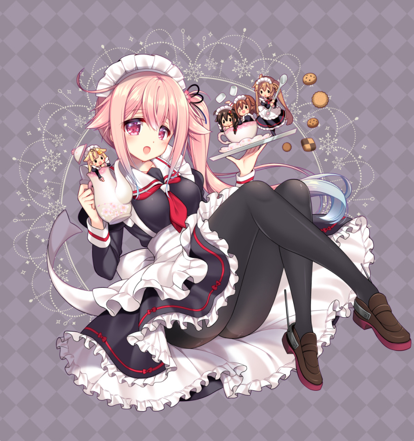 5girls alternate_costume apron blonde_hair blue_hair braid brown_hair chibi commentary_request cookie cup dress enmaided eyebrows_visible_through_hair food frilled_dress frills gradient_hair hair_between_eyes hair_flaps hair_ornament hair_ribbon harusame_(kantai_collection) highres holding holding_spoon holding_teapot holding_tray kantai_collection long_hair looking_at_viewer maid maid_apron maid_headdress multicolored_hair multiple_girls murasame_(kantai_collection) one_eye_closed open_mouth pantyhose pink_eyes pink_hair ribbon ringo_sui shigure_(kantai_collection) shiratsuyu_(kantai_collection) shoes side_braid side_ponytail sidelocks spoon teacup teapot tray twintails very_long_hair yuudachi_(kantai_collection)