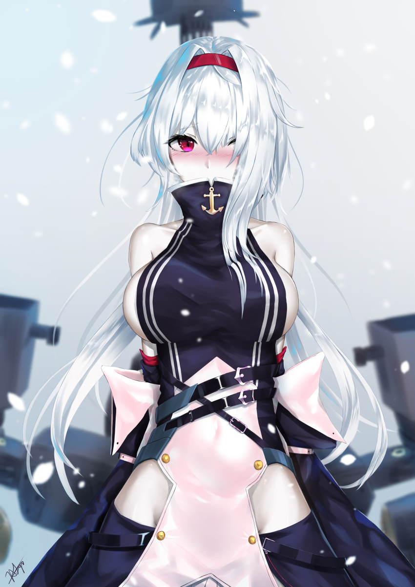 1girl absurdres anchor_symbol arm_strap ass_visible_through_thighs azur_lane bangs belt belt_buckle belt_collar black_skirt blue_hairband breasts buckle chaciooh coat colorado_(azur_lane) covered_mouth covered_navel detached_sleeves dress elbow_gloves gloves groin hair_over_one_eye hairband highres jacket large_breasts long_hair looking_at_viewer medium_breasts multiple_straps off_shoulder open_mouth pelvic_curtain red_eyes rigging sideboob sidelocks signature silver_hair skindentation skirt sleeveless sleeveless_dress snow snowing solo white_hair wide_sleeves