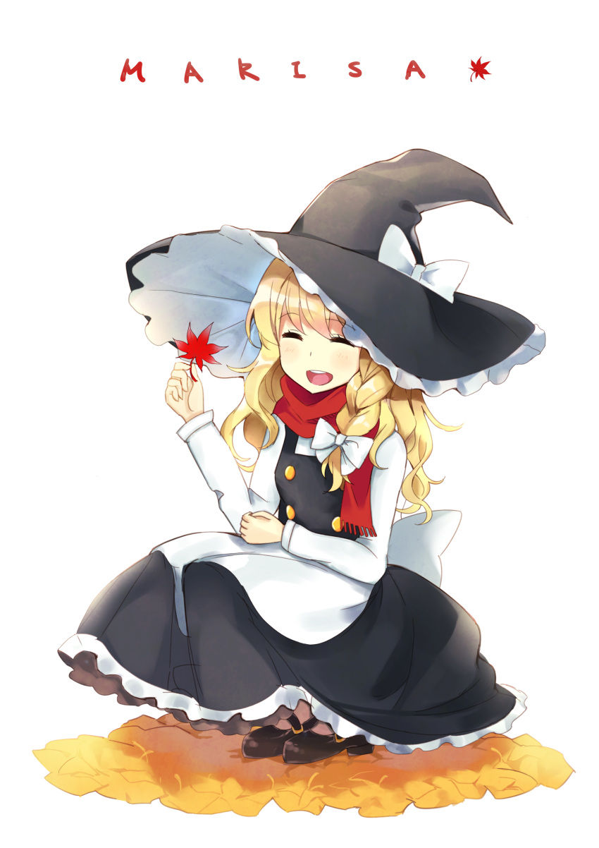 1girl absurdres apron autumn autumn_leaves black_dress black_footwear blonde_hair bow braid character_name closed_eyes commentary dress eyebrows_visible_through_hair frilled_dress frills full_body hair_bow hat hat_bow highres holding holding_leaf kirisame_marisa leaf long_hair long_sleeves multicolored multicolored_clothes multicolored_dress open_mouth red_neckwear red_scarf satori_(pixiv) scarf shoes simple_background smile solo touhou waist_apron white_apron white_background white_bow white_dress witch_hat
