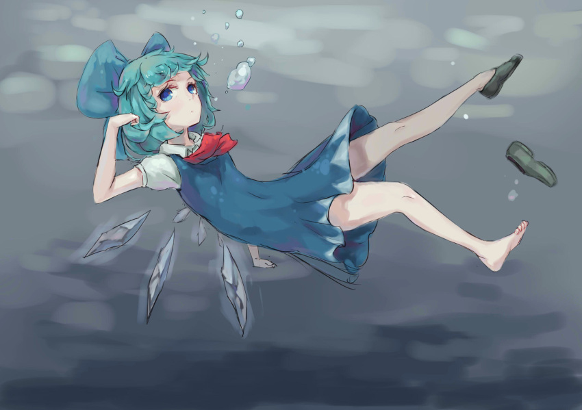 (9) 1girl blue_bow blue_dress blue_eyes blue_hair bow brown_footwear cirno commentary_request dress full_body hair_bow highres ice ice_wings loafers puffy_short_sleeves puffy_sleeves shirt shoes short_hair short_sleeves shrimp_cc solo touhou white_shirt wings