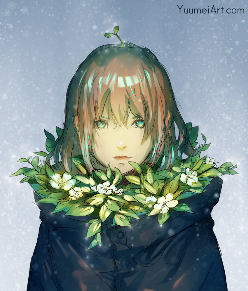 1girl brown_hair closed_mouth coat commentary english_commentary green_eyes highres long_hair looking_at_viewer original plant sketch snowing solo sprout sprout_on_head upper_body watermark web_address wenqing_yan winter