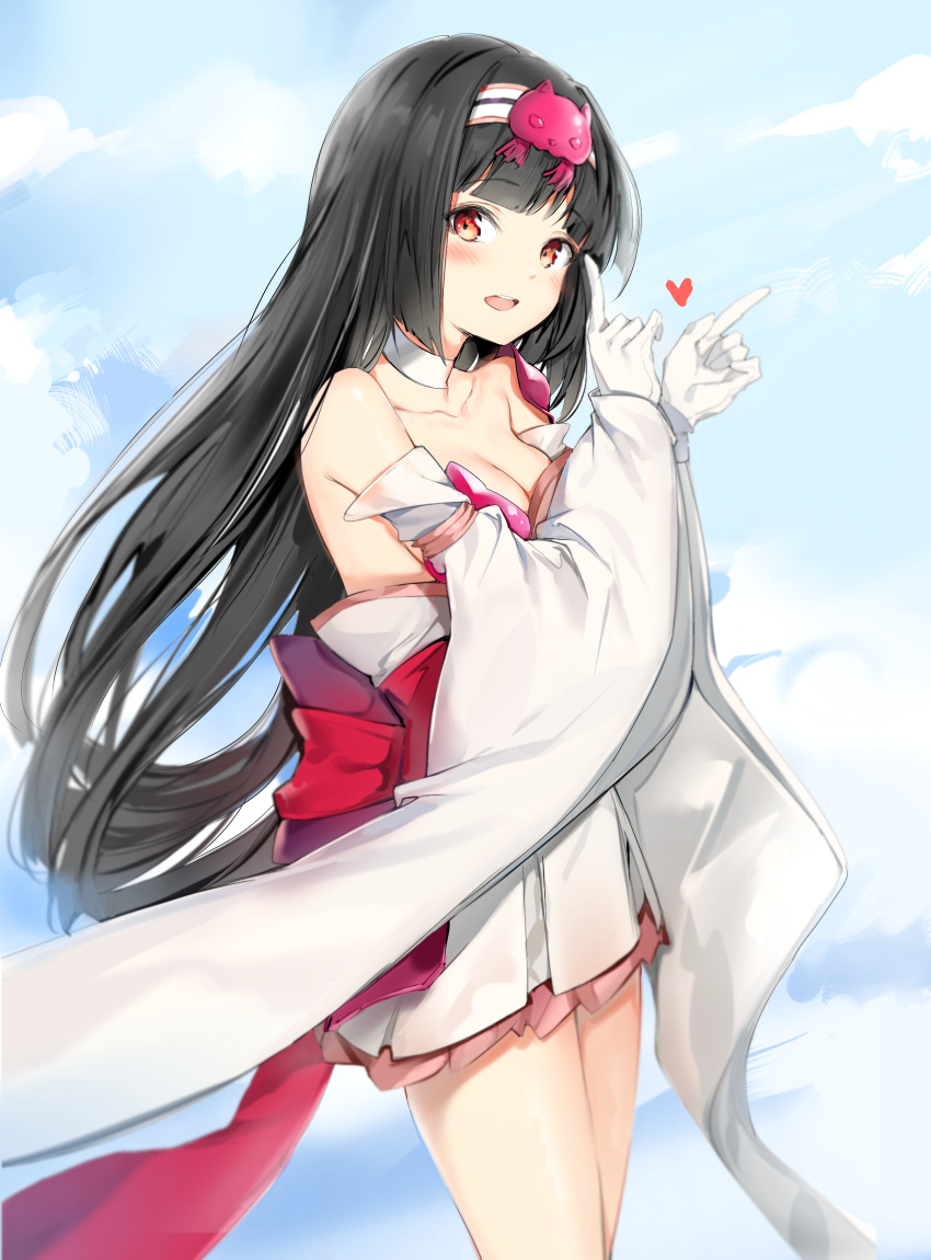 1girl bangs bare_shoulders black_hair blue_sky blush breasts choker cleavage clouds cloudy_sky collarbone commentary_request copyright_request day detached_sleeves eyebrows_visible_through_hair gloves hairband head_tilt heart highres index_finger_raised long_hair long_sleeves looking_at_viewer medium_breasts open_mouth outdoors red_eyes silver_(chenwen) skirt sky sleeves_past_wrists solo strapless upper_teeth very_long_hair white_choker white_gloves white_hairband white_skirt wide_sleeves