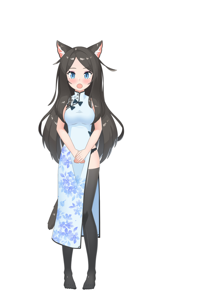 1girl absurdres animal_ears black_hair black_legwear black_panties blue_dress blue_eyes cat_ears cat_tail china_dress chinese_clothes dress full_body hands_together highres long_hair nekoze_(s22834712) open_mouth original panties side_slit simple_background sleeveless sleeveless_dress solo tail thigh-highs underwear white_background