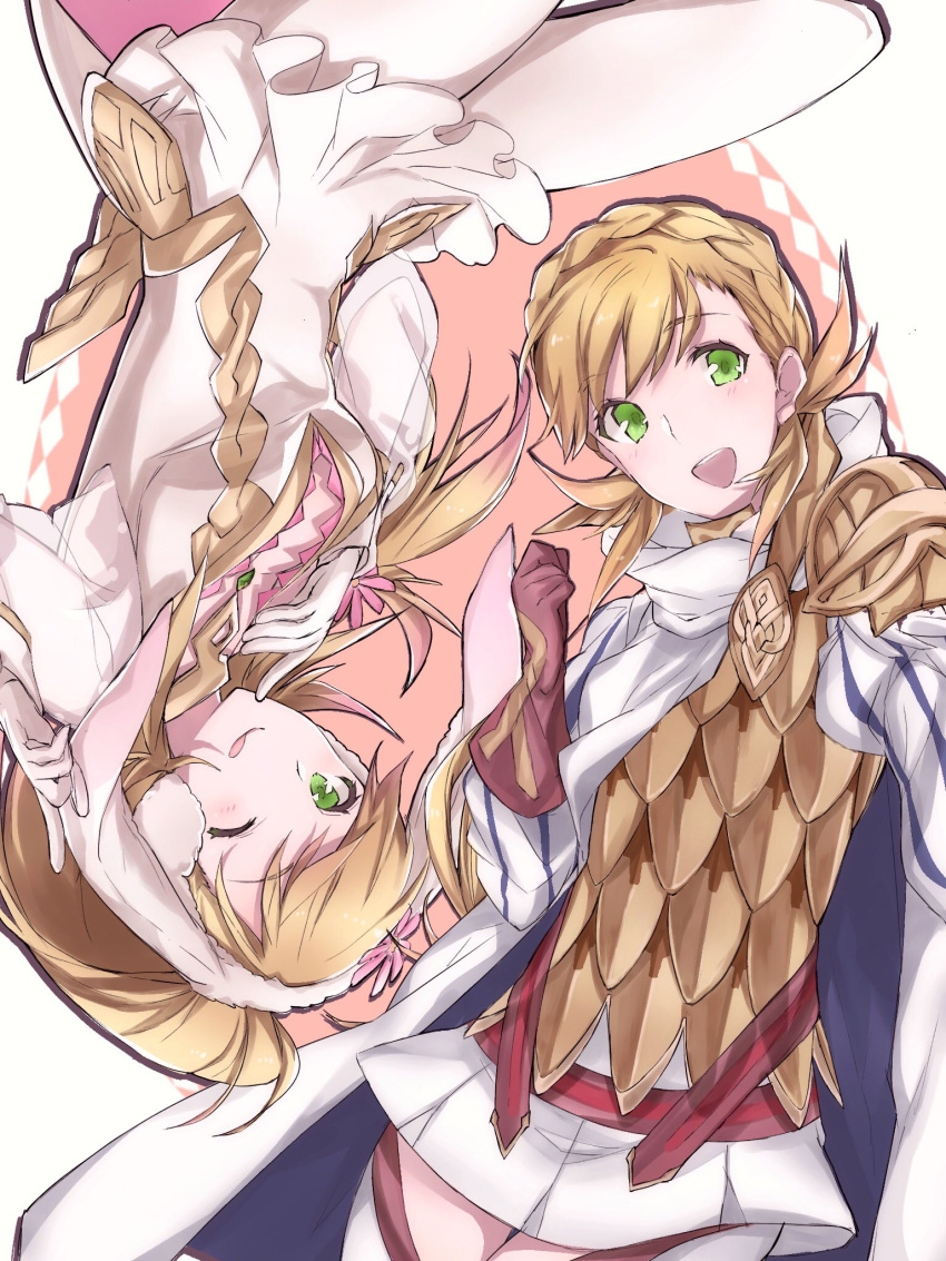 2girls ;q aiueo1234853 animal_ears armor blonde_hair braid brown_gloves crown_braid dual_persona fake_animal_ears fire_emblem fire_emblem_heroes gloves green_eyes highres intelligent_systems long_hair long_sleeves multiple_girls nintendo one_eye_closed open_mouth rabbit_ears sharena skirt tongue tongue_out upside-down white_gloves white_legwear