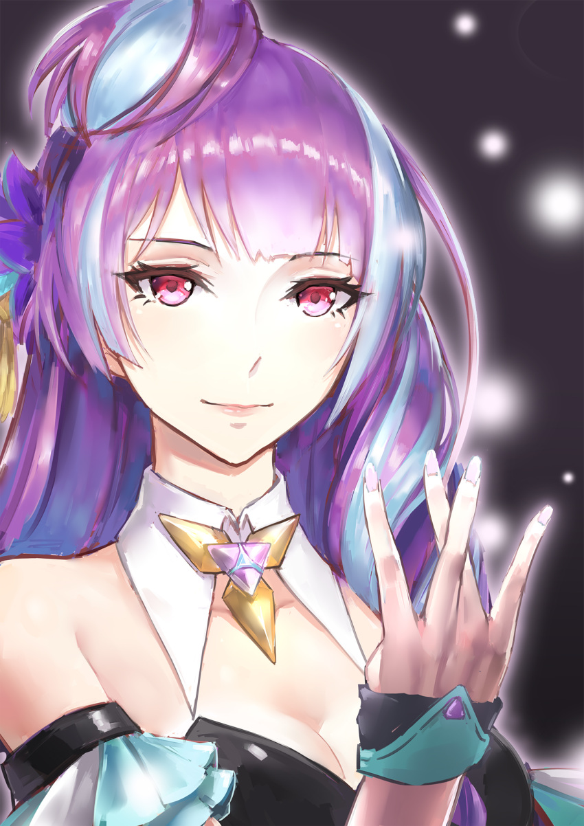 1girl arm_strap breasts choker cleavage collarbone highlights highres long_hair macross macross_delta medium_breasts mikumo_guynemer multicolored_hair purple_hair red_eyes shiny shiny_hair smile solo strapless ttc two-tone_hair upper_body